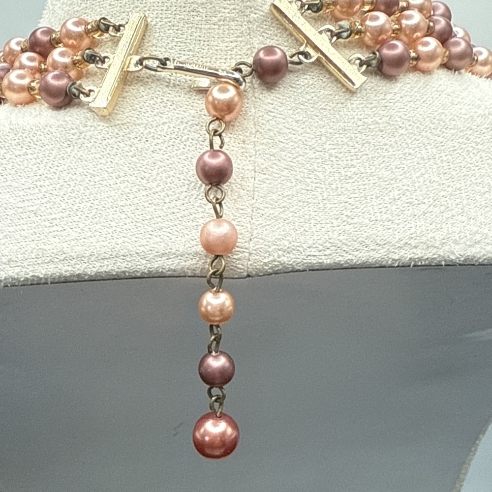 Vintage Japan Triple Strand Faux Pearl Necklace Peach Brown Orange 17-19 inches - Picture 7 of 10